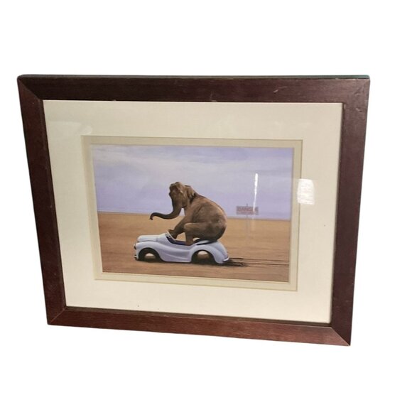 Framed Elephant On Toy Car Art Print In Wooden Frame With Beige Matting - Picture 3 of 11